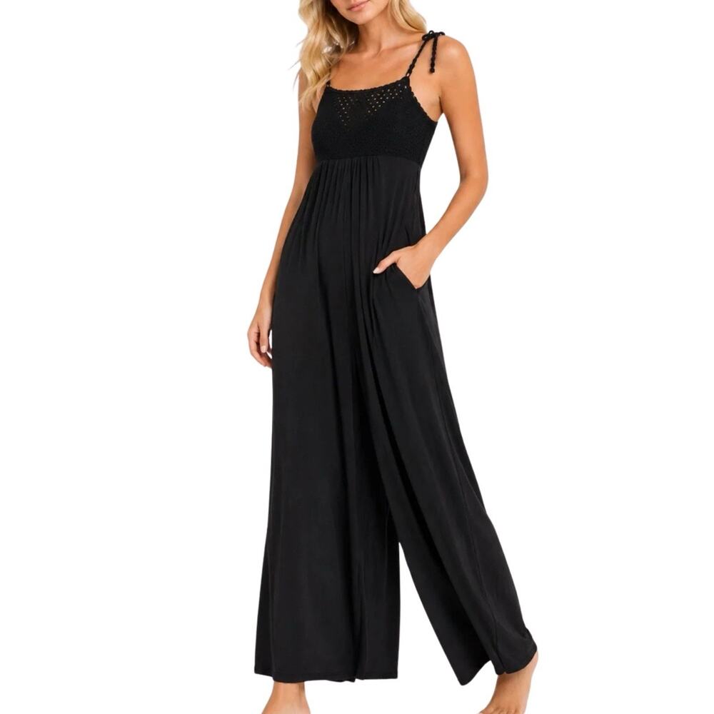 Robin Piccone Chira Rickrack Jumpsuit Womens M Black Crochet Wide Leg Coverup
